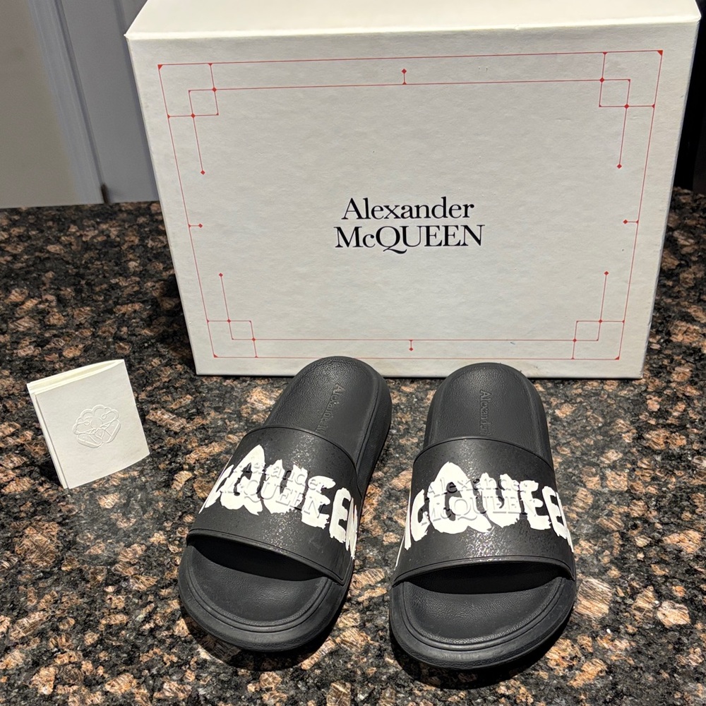 Alexander McQueen Black Leather Logo Slide Sandals with White Graphic